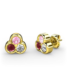 Mini Tria Küpe - Pembe kuvars, kök yakut ve swarovski 8 ayar altın küpe #vh54qo