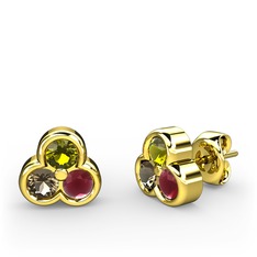 Mini Tria Küpe - Peridot, dumanlı kuvars ve kök yakut 8 ayar altın küpe #vpauee