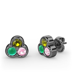 Peridot, kök zümrüt ve pembe kuvars 925 ayar siyah rodyum kaplama gümüş küpe