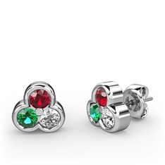 Garnet, yeşil kuvars ve swarovski 14 ayar beyaz altın küpe