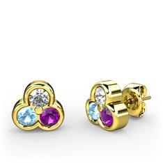 Mini Tria Küpe - Beyaz zirkon, akuamarin ve ametist 925 ayar altın kaplama gümüş küpe #w5iore