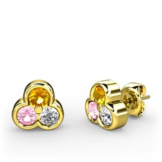 Mini Tria Küpe - Sitrin, pembe kuvars ve beyaz zirkon 14 ayar altın küpe #wagcgo