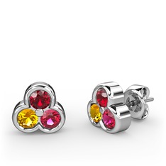 Mini Tria Küpe - Garnet, sitrin ve rodolit garnet 14 ayar beyaz altın küpe #waiy52