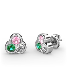 Mini Tria Küpe - Pembe kuvars, yeşil kuvars ve pırlanta 18 ayar beyaz altın küpe (0.22 karat) #wfabnq