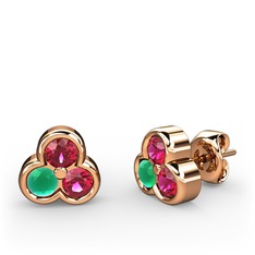 Mini Tria Küpe - Rodolit garnet ve kök zümrüt 14 ayar rose altın küpe #wod1td