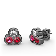 Mini Tria Küpe - Pırlanta, rodolit garnet ve garnet 925 ayar siyah rodyum kaplama gümüş küpe (0.22 karat) #wpkzpf