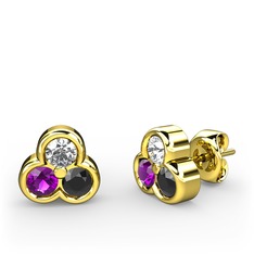 Mini Tria Küpe - Swarovski, ametist ve siyah zirkon 925 ayar altın kaplama gümüş küpe #wt3jpf