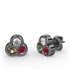 Mini Tria Küpe - Beyaz zirkon, dumanlı kuvars ve kök yakut 925 ayar siyah rodyum kaplama gümüş küpe #wwaj18