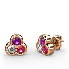 Ametist, swarovski ve rodolit garnet 14 ayar rose altın küpe