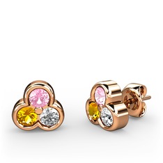 Mini Tria Küpe - Pembe kuvars, sitrin ve pırlanta 14 ayar rose altın küpe (0.22 karat) #x75eoi