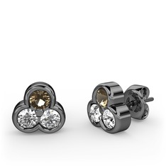 Mini Tria Küpe - Dumanlı kuvars, beyaz zirkon ve pırlanta 925 ayar siyah rodyum kaplama gümüş küpe (0.22 karat) #xg1wps