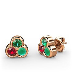 Mini Tria Küpe - Yeşil kuvars, garnet ve kök zümrüt 8 ayar rose altın küpe #xk4ras