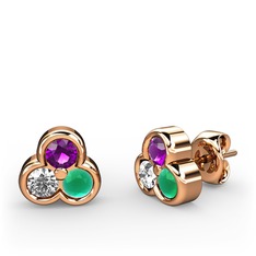Mini Tria Küpe - Ametist, pırlanta ve kök zümrüt 8 ayar rose altın küpe (0.22 karat) #xoz5pj