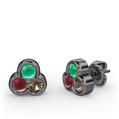 Mini Tria Küpe - Kök zümrüt, kök yakut ve dumanlı kuvars 925 ayar siyah rodyum kaplama gümüş küpe #y2g89e