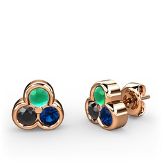 Mini Tria Küpe - Kök zümrüt, siyah zirkon ve lab safir 8 ayar rose altın küpe #y36gzs