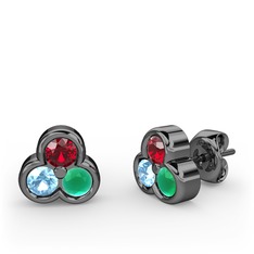 Mini Tria Küpe - Garnet, akuamarin ve kök zümrüt 925 ayar siyah rodyum kaplama gümüş küpe #y4f4w1