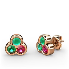 Mini Tria Küpe - Kök zümrüt, yeşil kuvars ve rodolit garnet 14 ayar rose altın küpe #yg10cf