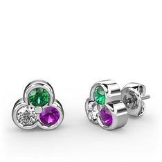 Yeşil kuvars, swarovski ve ametist 14 ayar beyaz altın küpe