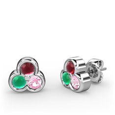 Mini Tria Küpe - Kök yakut, kök zümrüt ve pembe kuvars 14 ayar beyaz altın küpe #yqez95