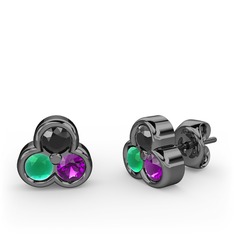 Mini Tria Küpe - Siyah zirkon, kök zümrüt ve ametist 925 ayar siyah rodyum kaplama gümüş küpe #yzp2b5