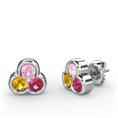 Mini Tria Küpe - Pembe kuvars, sitrin ve rodolit garnet 925 ayar gümüş küpe #znhvjg