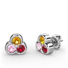 Mini Tria Küpe - Sitrin, pembe kuvars ve garnet 18 ayar beyaz altın küpe #zschci