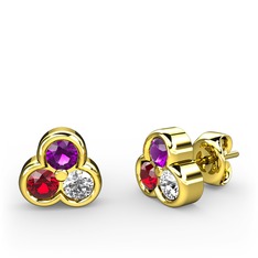 Mini Tria Küpe - Ametist, garnet ve beyaz zirkon 8 ayar altın küpe #zsz505