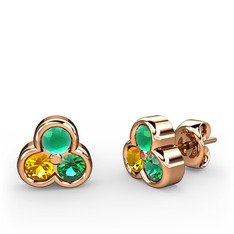 Mini Tria Küpe - Kök zümrüt, sitrin ve yeşil kuvars 14 ayar rose altın küpe #zvs46b