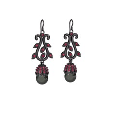 Şah İnci Küpe - Siyah inci ve rodolit garnet 925 ayar siyah rodyum kaplama gümüş küpe #12k5up