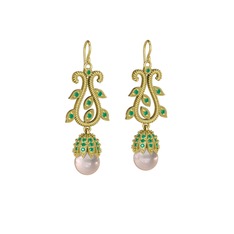 Şah İnci Küpe - Pembe inci ve kök zümrüt 925 ayar altın kaplama gümüş küpe #1c5u253