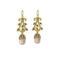 Şah İnci Küpe - Pembe inci ve ametist 8 ayar altın küpe #297y5f