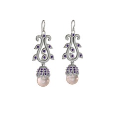 Şah İnci Küpe - Pembe inci ve ametist 8 ayar beyaz altın küpe #za2qlx