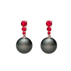 Nil Damlası İnci Küpe - Siyah inci ve rodolit garnet 8 ayar rose altın küpe #11er9xl