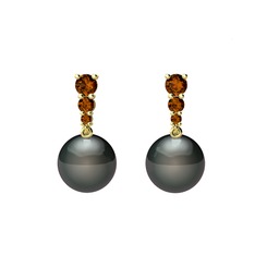 Siyah inci ve dumanlı kuvars 14 ayar altın küpe