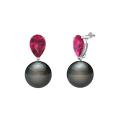 Siyah inci ve rodolit garnet 18 ayar beyaz altın küpe