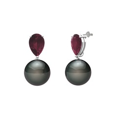 Loi İnci Küpe - Siyah inci ve kök yakut 14 ayar beyaz altın küpe #qzfq1l