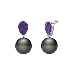 Loi İnci Küpe - Siyah inci ve ametist 14 ayar beyaz altın küpe #v557mo