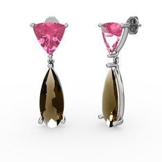 Arowana Küpe - Pembe kuvars ve dumanlı kuvars 18 ayar beyaz altın küpe #1017p9i