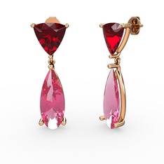 Arowana Küpe - Garnet ve pembe kuvars 14 ayar rose altın küpe #10vp3mk
