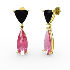 Arowana Küpe - Siyah zirkon ve pembe kuvars 18 ayar altın küpe #11s3uhw