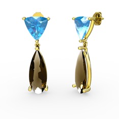 Akuamarin ve dumanlı kuvars 14 ayar altın küpe