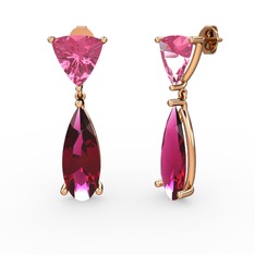 Pembe kuvars ve rodolit garnet 18 ayar rose altın küpe