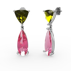 Peridot ve pembe kuvars 14 ayar beyaz altın küpe