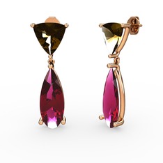 Dumanlı kuvars ve rodolit garnet 18 ayar rose altın küpe