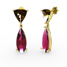 Dumanlı kuvars ve rodolit garnet 14 ayar altın küpe