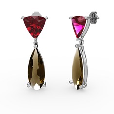 Arowana Küpe - Rodolit garnet ve dumanlı kuvars 8 ayar beyaz altın küpe #1os2n3