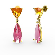 Arowana Küpe - Sitrin ve pembe kuvars 14 ayar altın küpe #1ozbj66