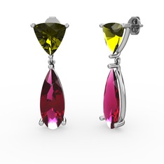 Peridot ve rodolit garnet 8 ayar beyaz altın küpe
