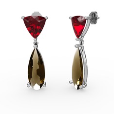 Garnet ve dumanlı kuvars 14 ayar beyaz altın küpe
