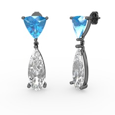 Akuamarin ve swarovski 925 ayar siyah rodyum kaplama gümüş küpe